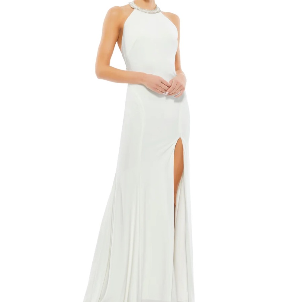 MAC DUGGAL BEADED HALTER JERSEY EVENING GOWN (Petite)